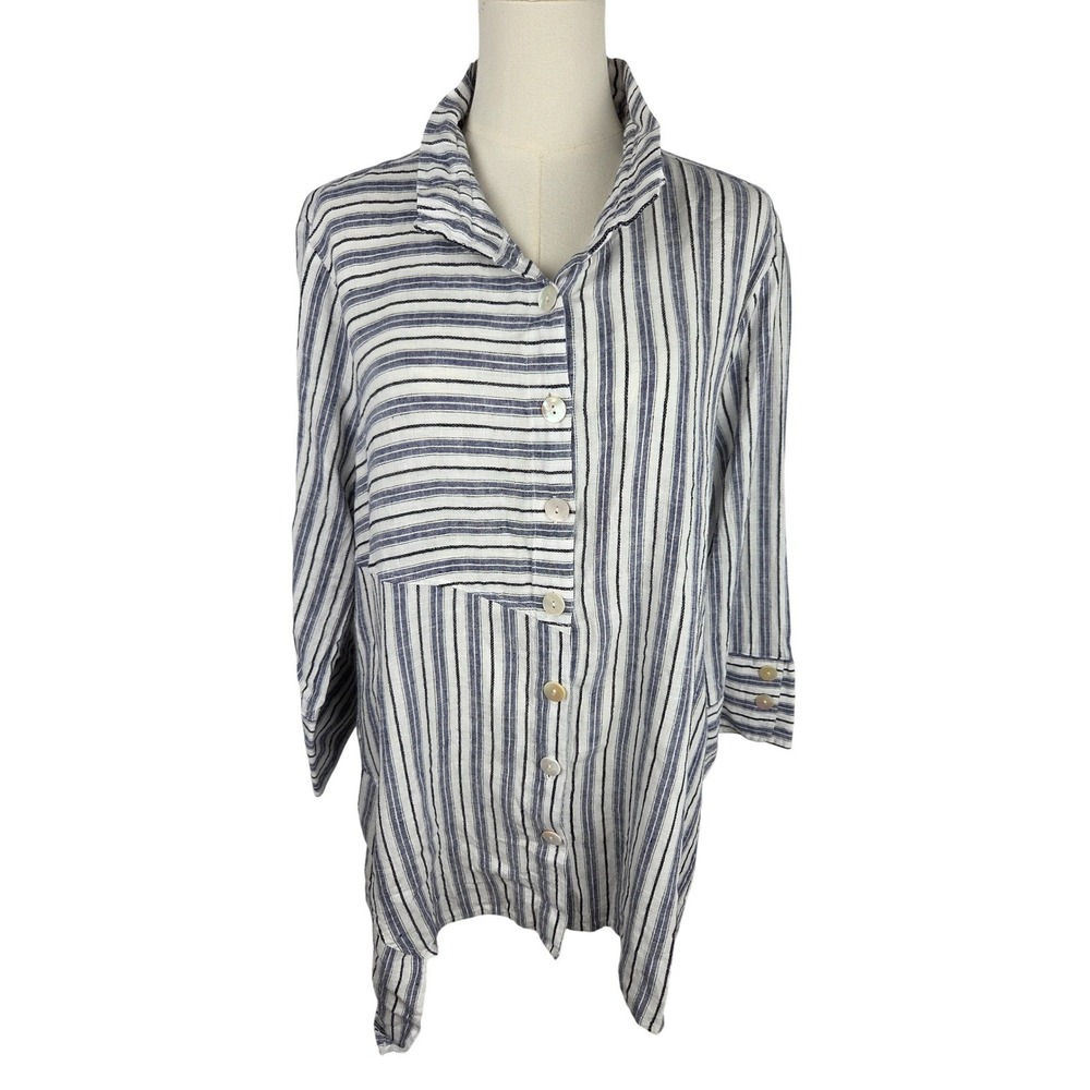 Ali Miles Button Down Tunic XL Blue‎ White Striped Linen Blend Lagenlook Coastal
